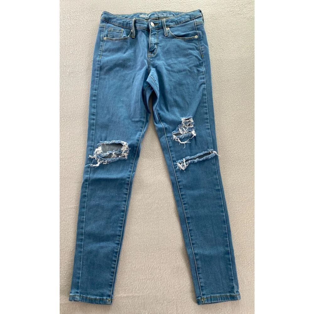 Mossimo Jeans Womens Size 2 Blue Denim Mid Rise Skinny Power Stretch Distressed